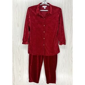 Diane Von Furstenberg Velour Set Womens Top Large/Pants Medium Red Button Up